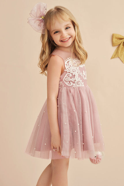 Robe Dentelle Fille Rose Perlée - gallery 8