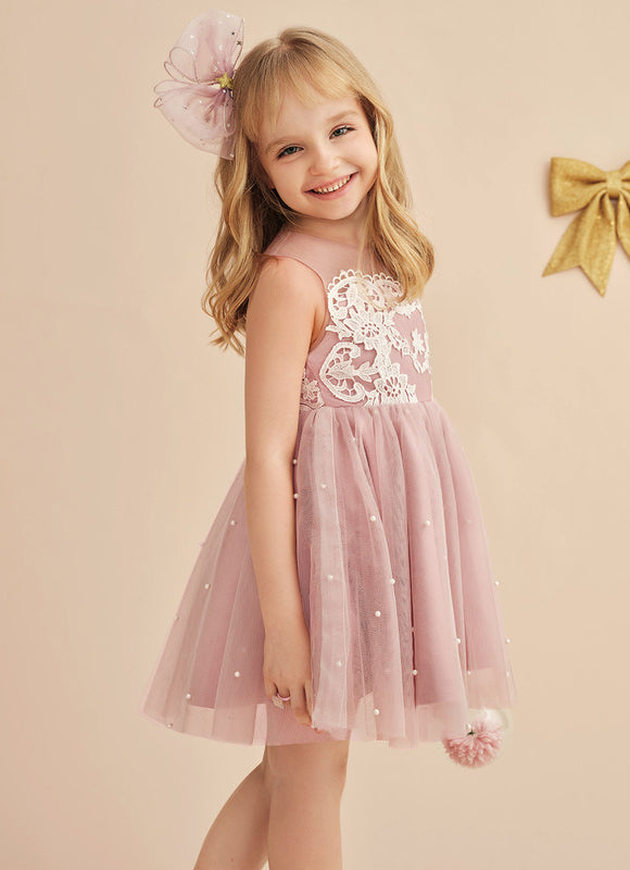 Robe Dentelle Fille Rose Perlée - gallery 8