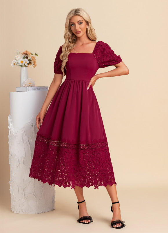 Robe Dentelle Midi Bordeaux Brodée