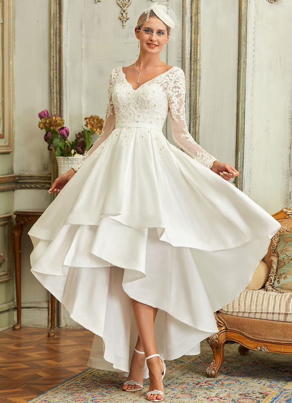 Robe Dentelle Nuptiale Asymétrique Satinée - gallery 4