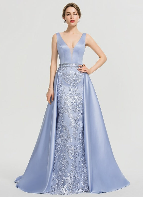 Robe Dentelle Satinée Bleue - gallery 1