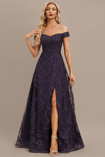 Robe Dentelle Soirée Violette Scintillante - gallery 1