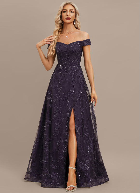 Robe Dentelle Soirée Violette Scintillante - gallery 1