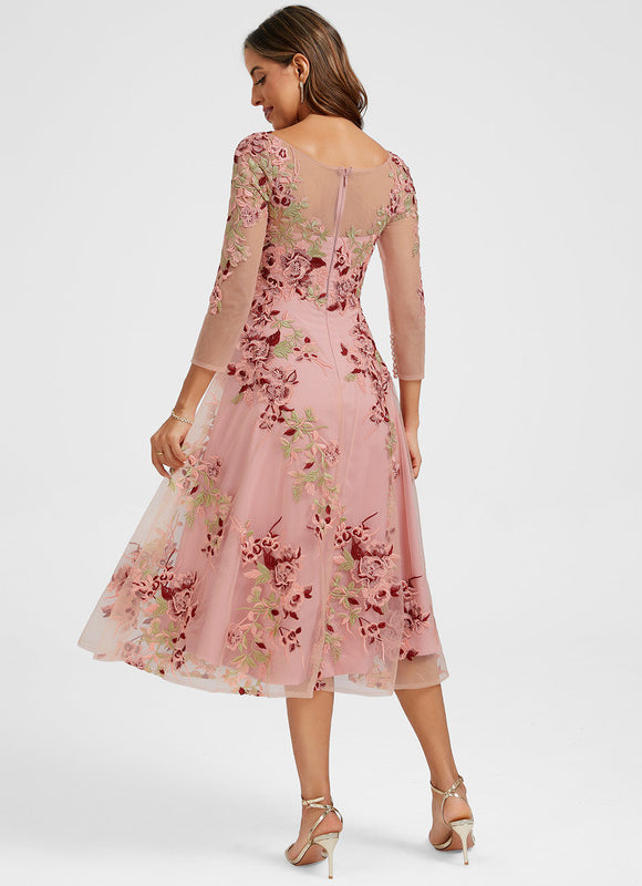 Robe Cocktail Rose Poudré Dentelle - gallery 5
