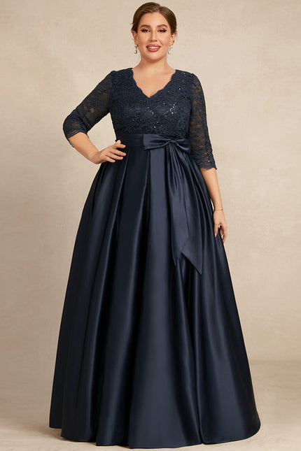 Robe Dentelle Longue Satin Marine - gallery 7