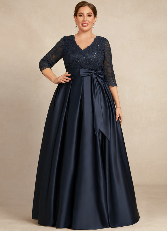 Robe Dentelle Longue Satin Marine - gallery 7
