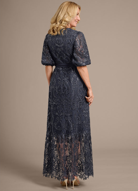 Robe Dentelle Longue En Dentelle Grise - gallery 3