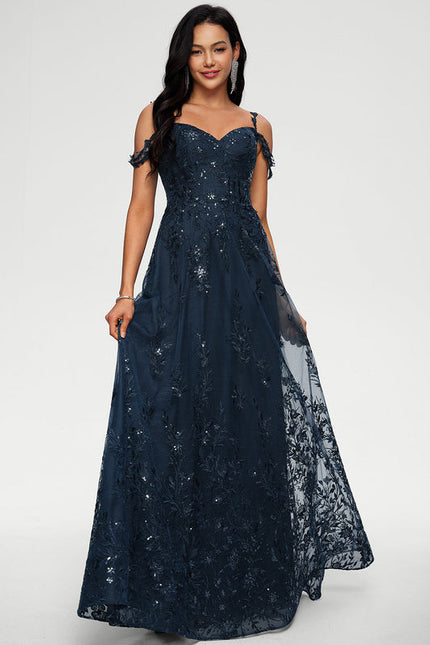 Robe Longue Dentelle Bleu Marine