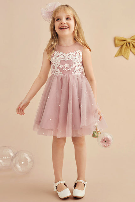 Robe Dentelle Fille Rose Perlée