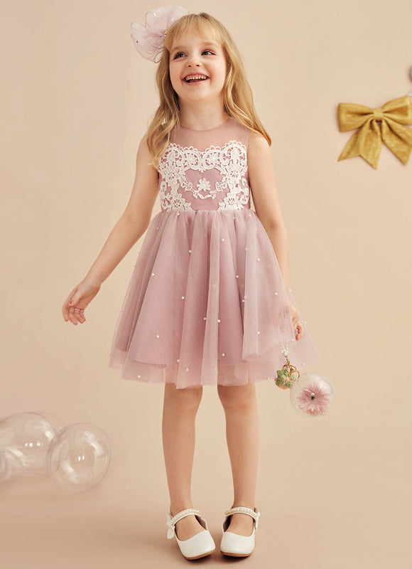 Robe Dentelle Fille Rose Perlée