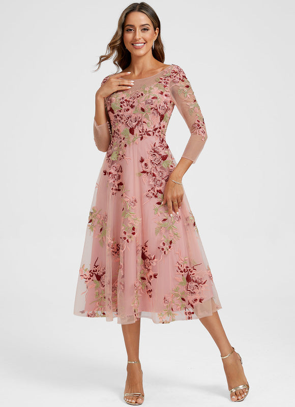 Robe Cocktail Rose Poudré Dentelle - gallery 3