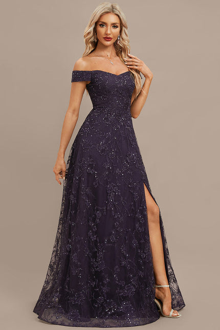 Robe Dentelle Soirée Violette Scintillante - gallery 4