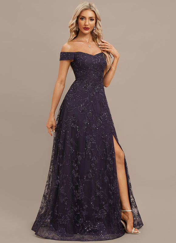 Robe Dentelle Soirée Violette Scintillante - gallery 4