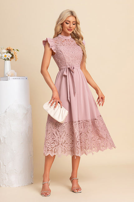 Robe Dentelle Midi Rose Brodée - gallery 3