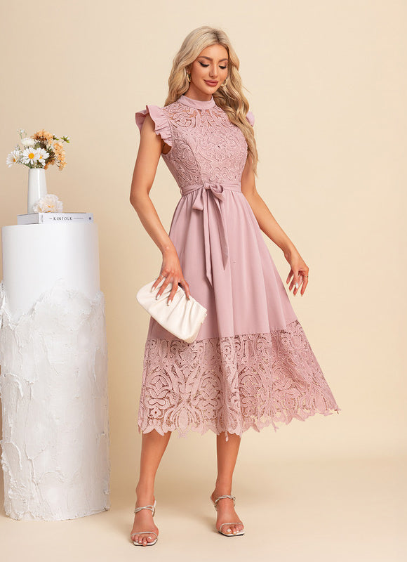 Robe Dentelle Midi Rose Brodée - gallery 3