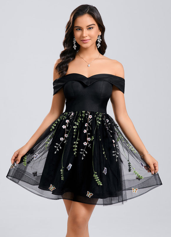 Robe Dentelle Courte Brodée Tulle - gallery 1