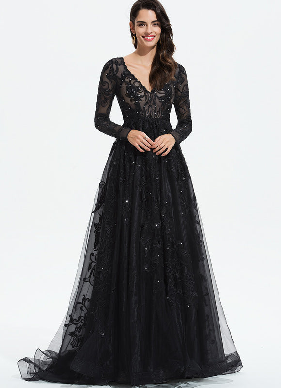 Robe Dentelle De Soirée Scintillante - gallery 1