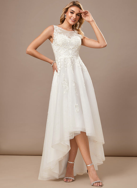 Robe Blanche Dentelle Asymétrique - gallery 3