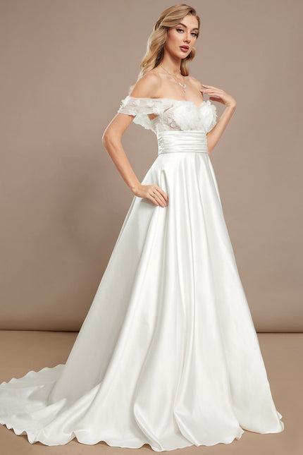 Robe Blanche Dentelle Epaule Dénudée - gallery 2