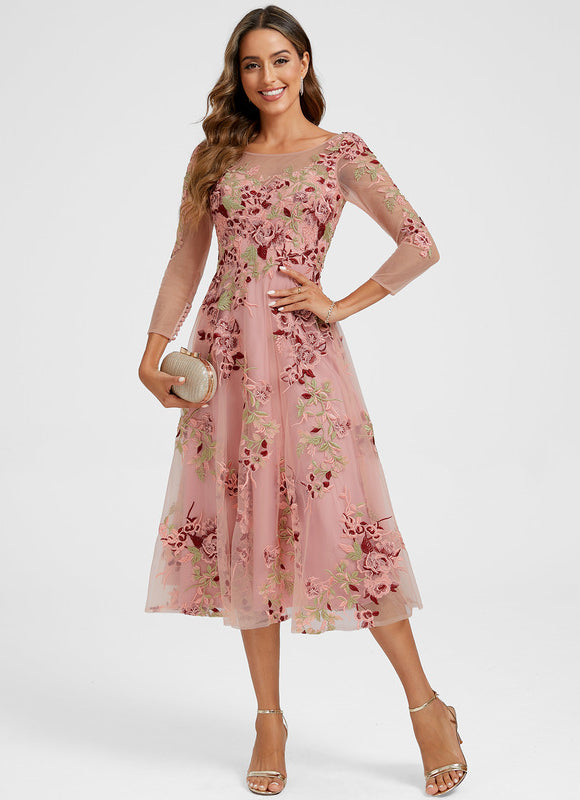 Robe Cocktail Rose Poudré Dentelle - gallery 1