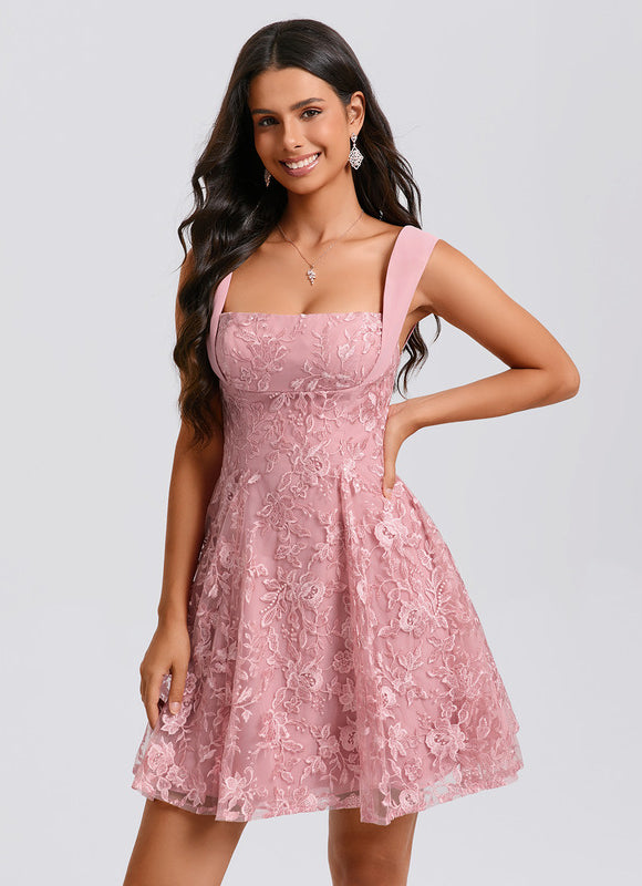 Robe Dentelle Rose À Bretelles - gallery 6