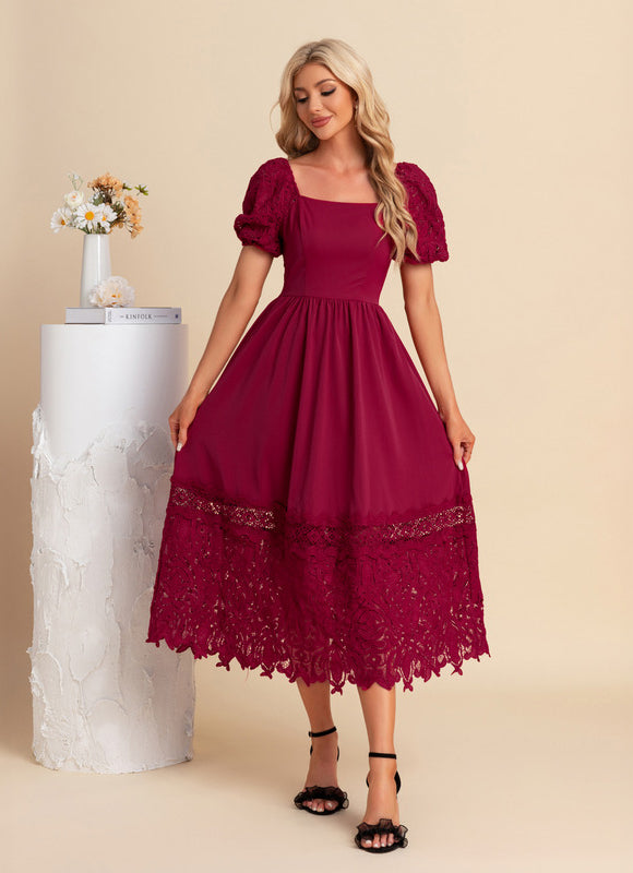 Robe Dentelle Midi Bordeaux Brodée - gallery 1