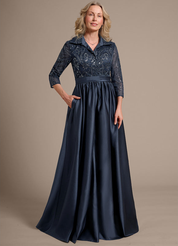 Robe Dentelle Satin Bleu Marine - gallery 2